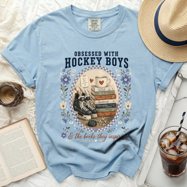 Obsessed With Hockey Boys & Books Tee in Chambray
