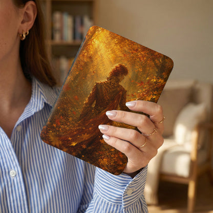 Etsy-style tablet with man in ornate coat surrounded by autumn leaves.