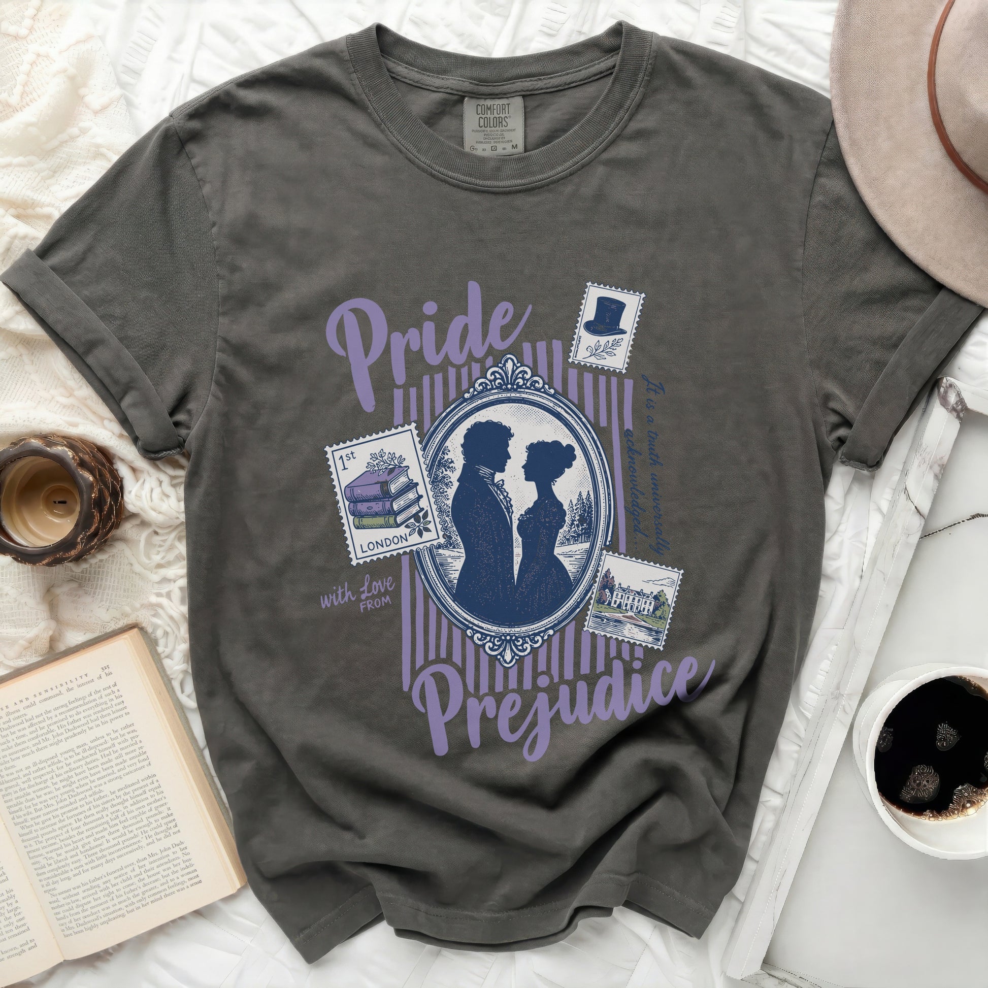 Dark grey t-shirt with "Pride and Prejudice" text and silhouette.