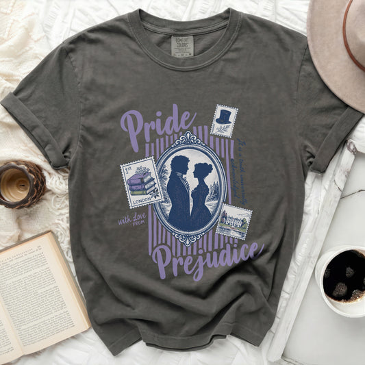 Dark grey t-shirt with "Pride and Prejudice" text and silhouette.