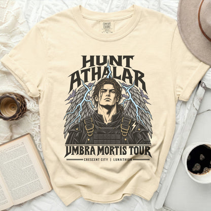Hunt Athalar Umbra Mortis Tour t-shirt with winged character and text.