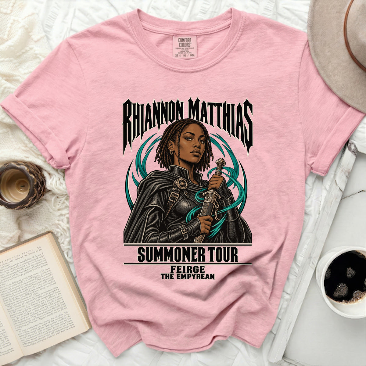 Pink t-shirt with Rhiannon Matthias, Summoner Tour, Feirge The Empyrean graphic.