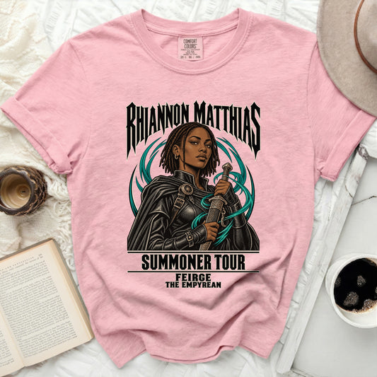 Pink t-shirt with Rhiannon Matthias, Summoner Tour, Feirge The Empyrean graphic.