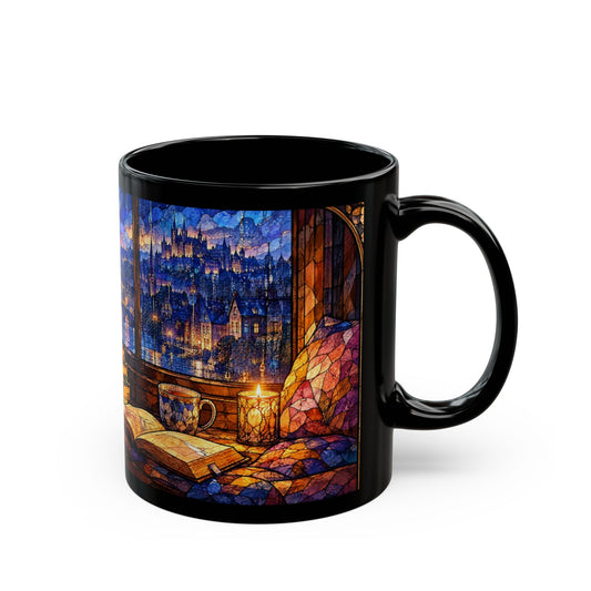 A black ceramic mug featuring a stained glass illustration of a city at night.
