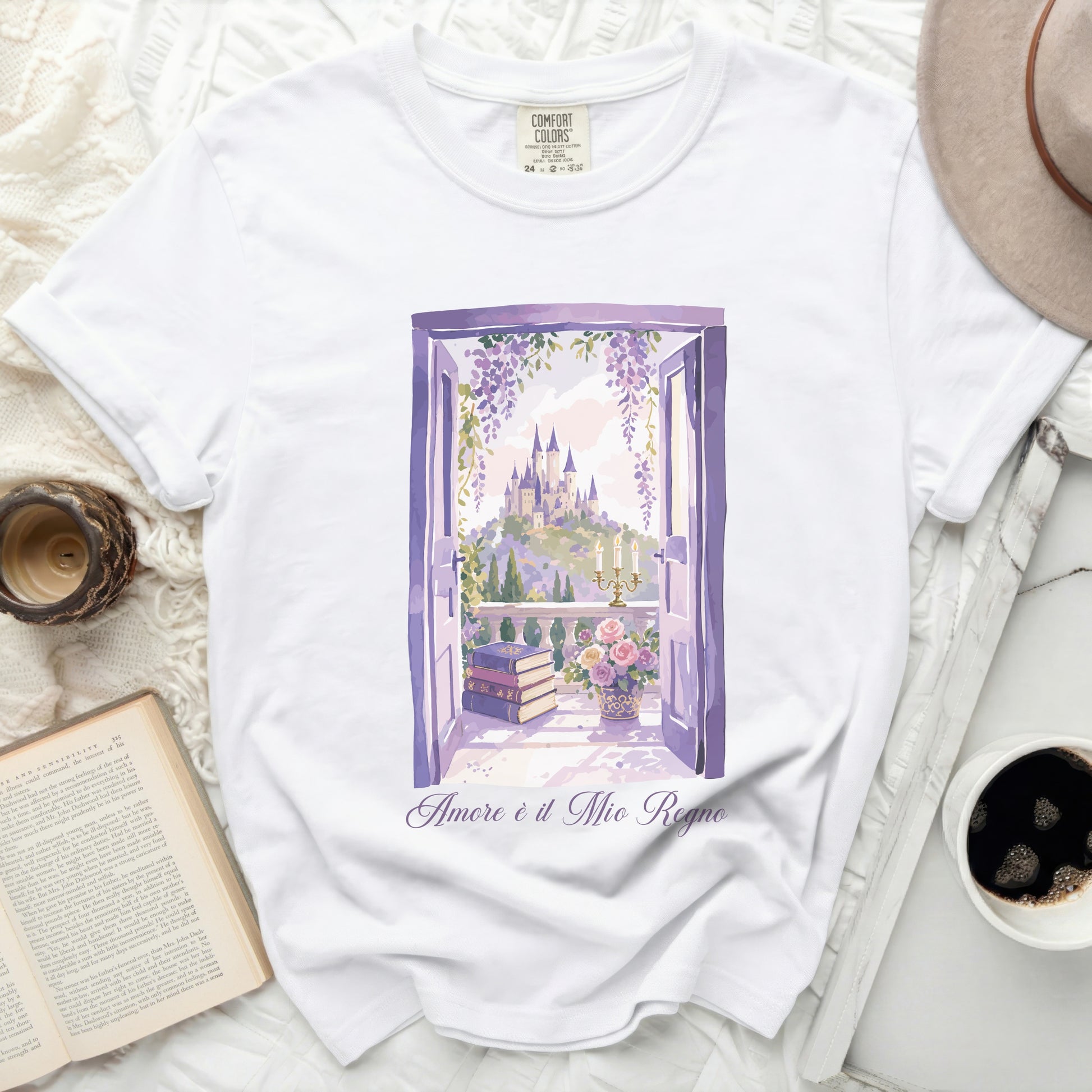 White t-shirt with castle view and text "Amore è il Mio Regno"