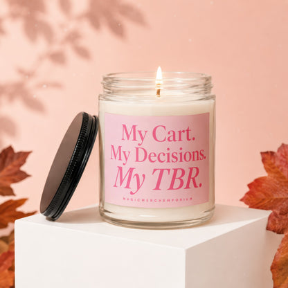 Candle with text "My Cart. My Decisions. My TBR." and brand "MAGICMERCH_EMPORIUM".