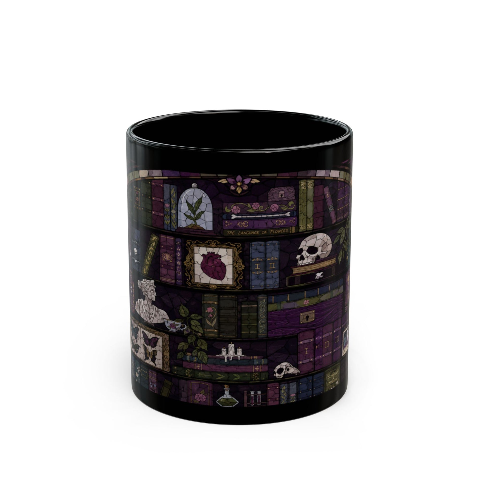 Black mug with dark stained glass bookshelf design featuring books, skulls, and anatomical heart.