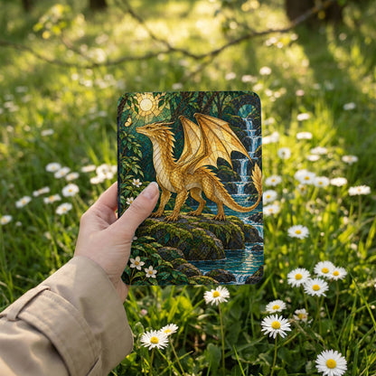 Golden dragon with wings spread standing on rocks by waterfall, held by a hand.