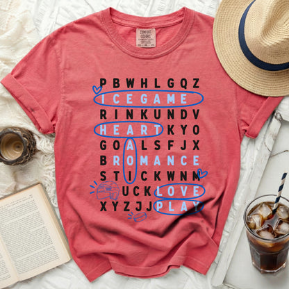 Red t-shirt with word search featuring hockey and love themes.