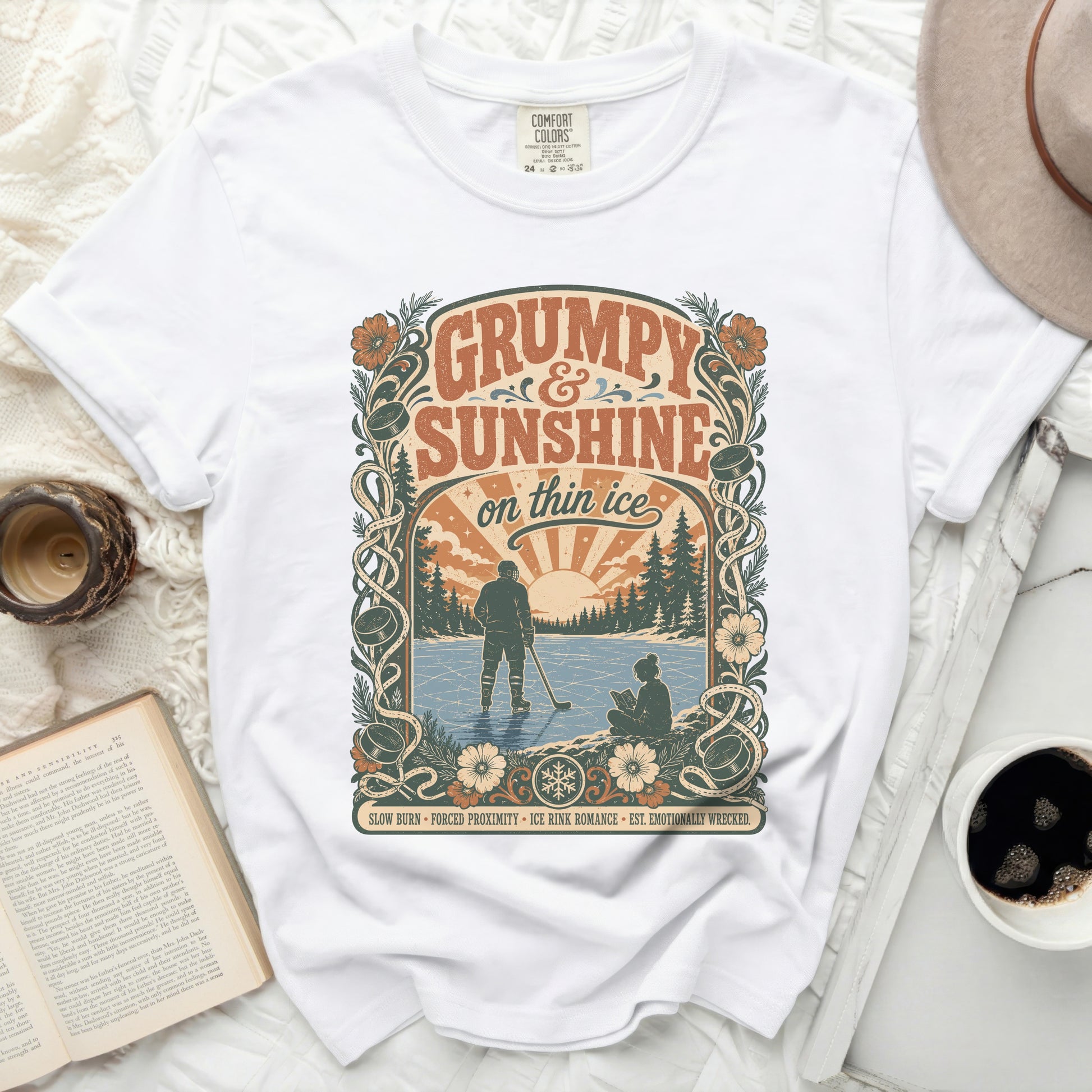 White t-shirt with vintage "Grumpy Sunshine on Thin Ice" graphic and hockey scene.