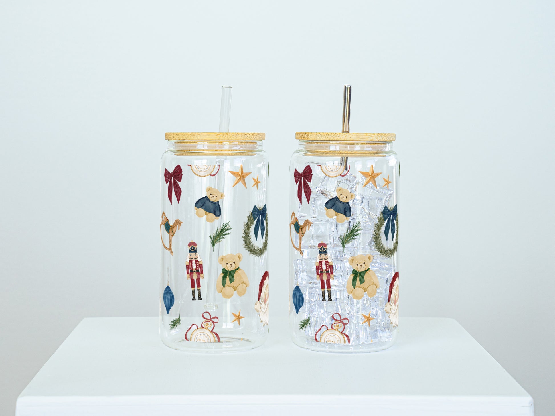 Festive Holiday Bears and Nutcracker Design Drinking Jar