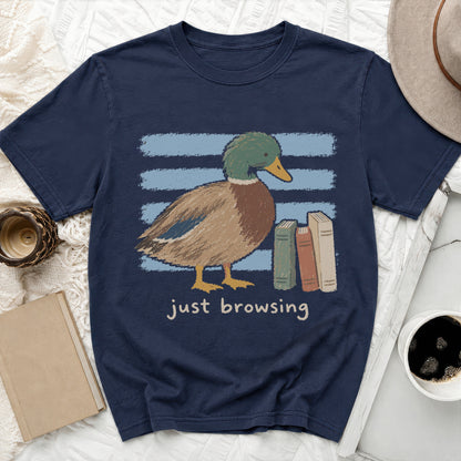 Navy t-shirt with a mallard duck and books graphic that reads "just browsing."
