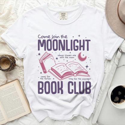 White graphic t-shirt with "Come join the MOONLIGHT BOOK CLUB" text and book illustration.