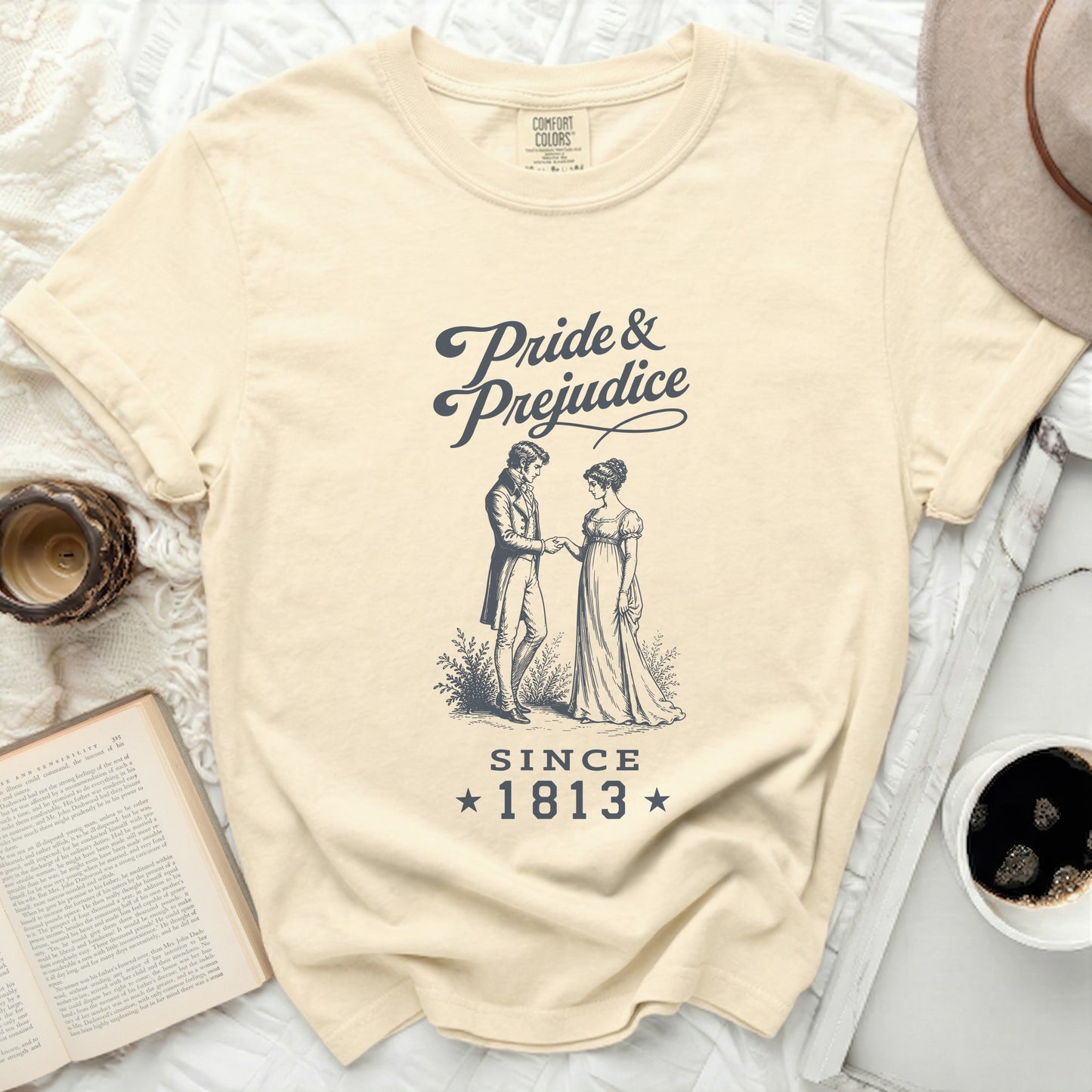 Pride & Prejudice graphic tee with illustration and year 1813.
