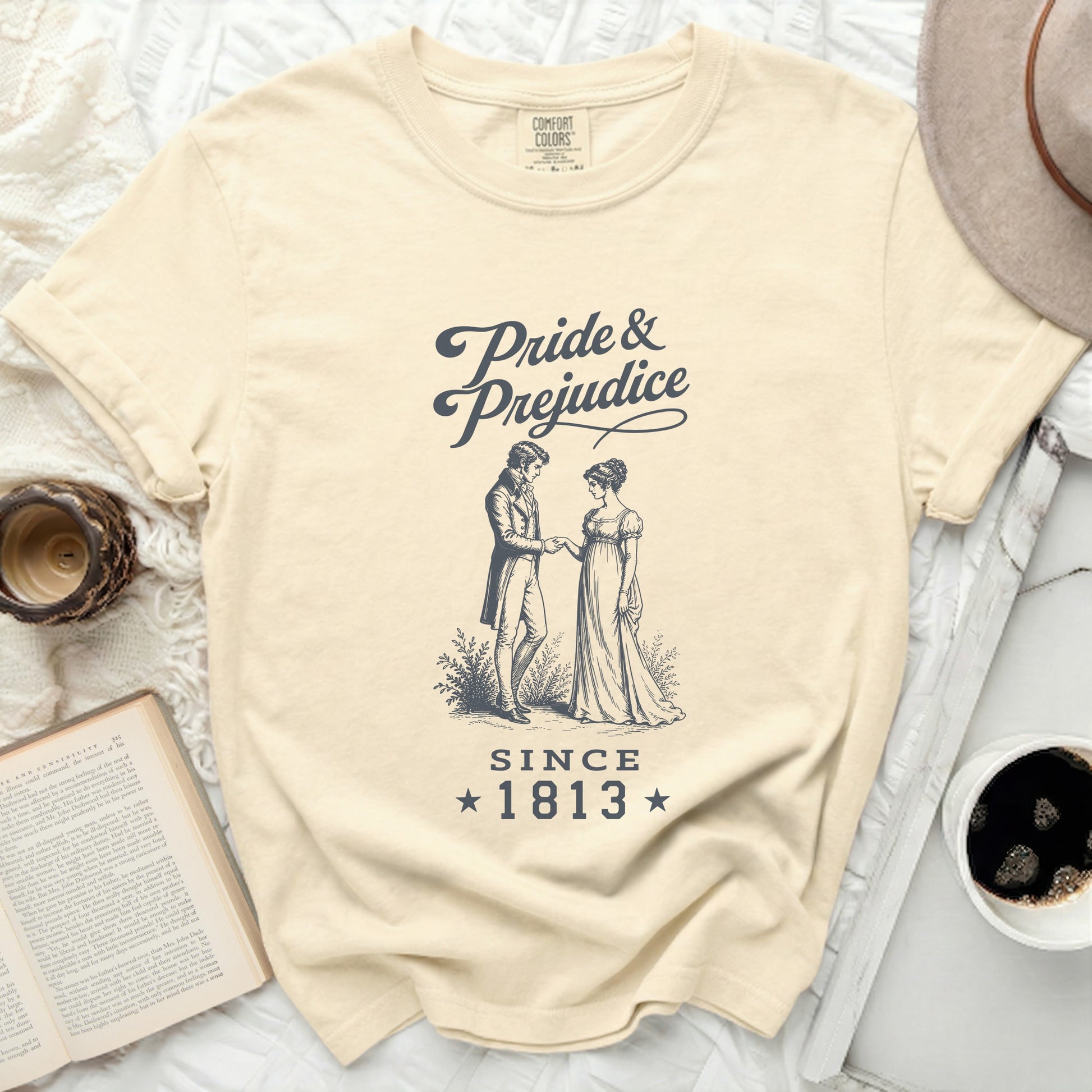 Pride & Prejudice graphic tee with illustration and year 1813.