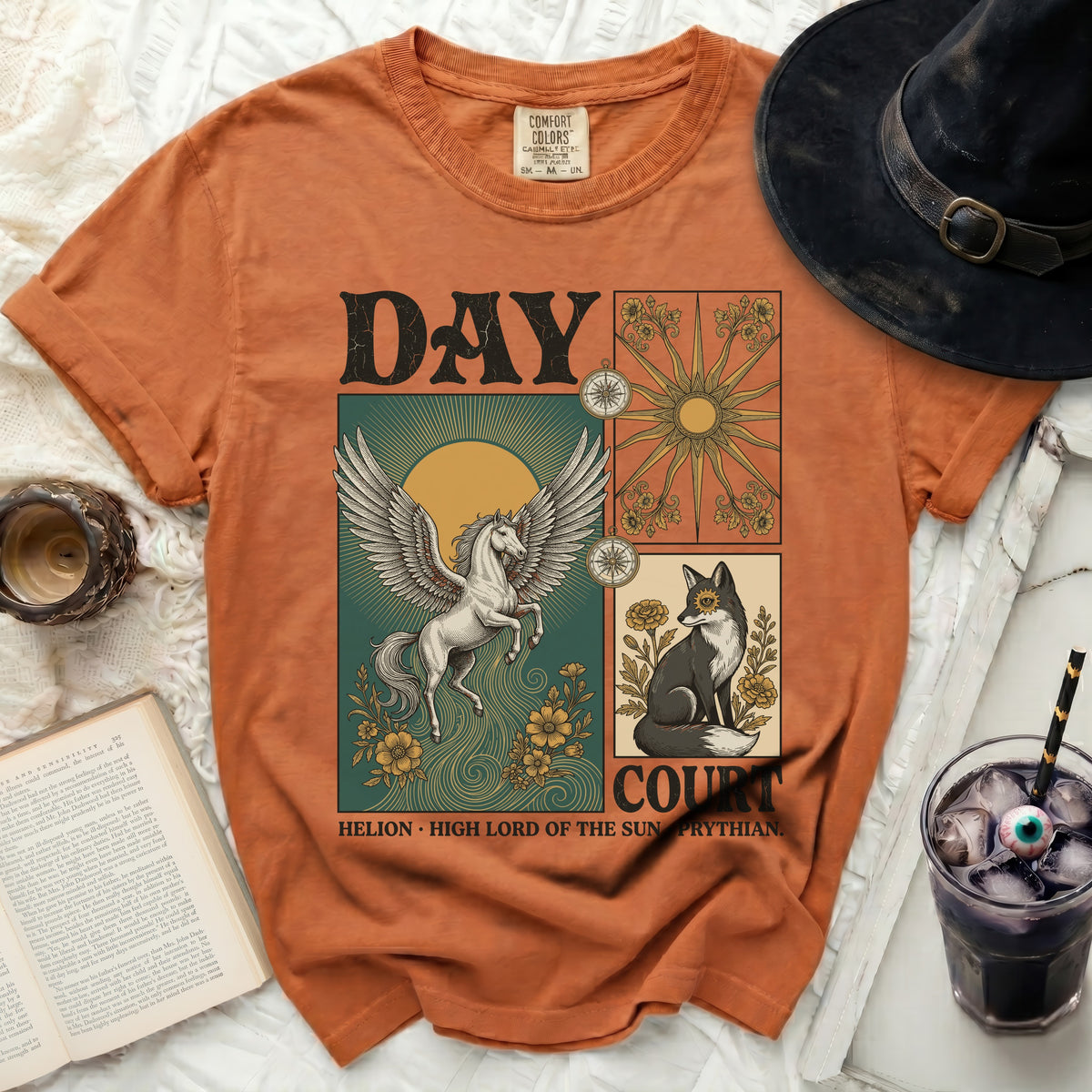 Orange t-shirt with Pegasus, fox, sun, and text "DAY COURT HELION HIGH LORD OF THE SUN PRYTHIAN."