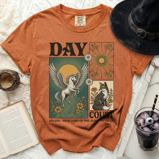 Orange t-shirt with Pegasus, fox, sun, and text "DAY COURT HELION HIGH LORD OF THE SUN PRYTHIAN."