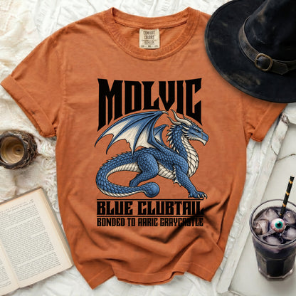 Orange t-shirt with a blue dragon graphic and text "MOLVIC BLUE CLUBTAIL BONDED TO AARIC GRAYCASTLE".