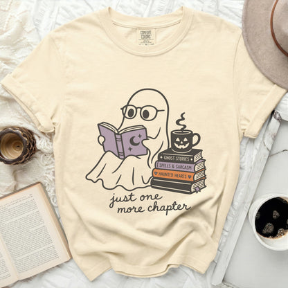 T-shirt with ghost reading books and coffee, text "just one more chapter".
