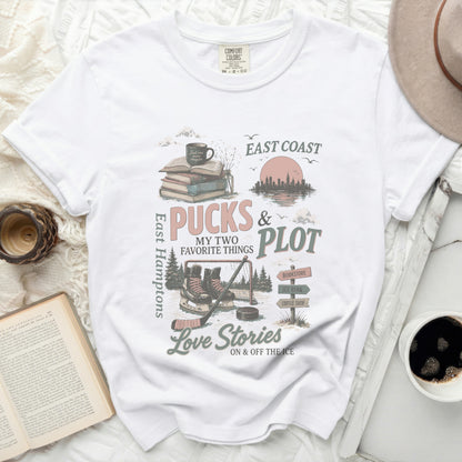 White t-shirt with "East Coast Pucks & Plot Love Stories" graphic.