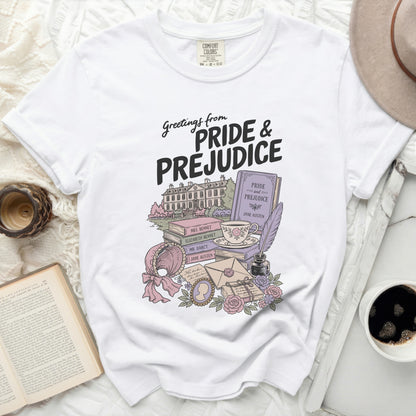 White t-shirt with Pride and Prejudice book illustration and text.
