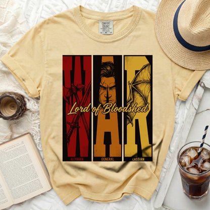 Yellow t-shirt with a graphic design of "WAR" featuring weaponry, a stern face, and a bat wing.