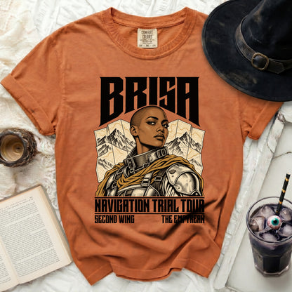 Orange t-shirt with "BRISA" and a woman in armor graphic.