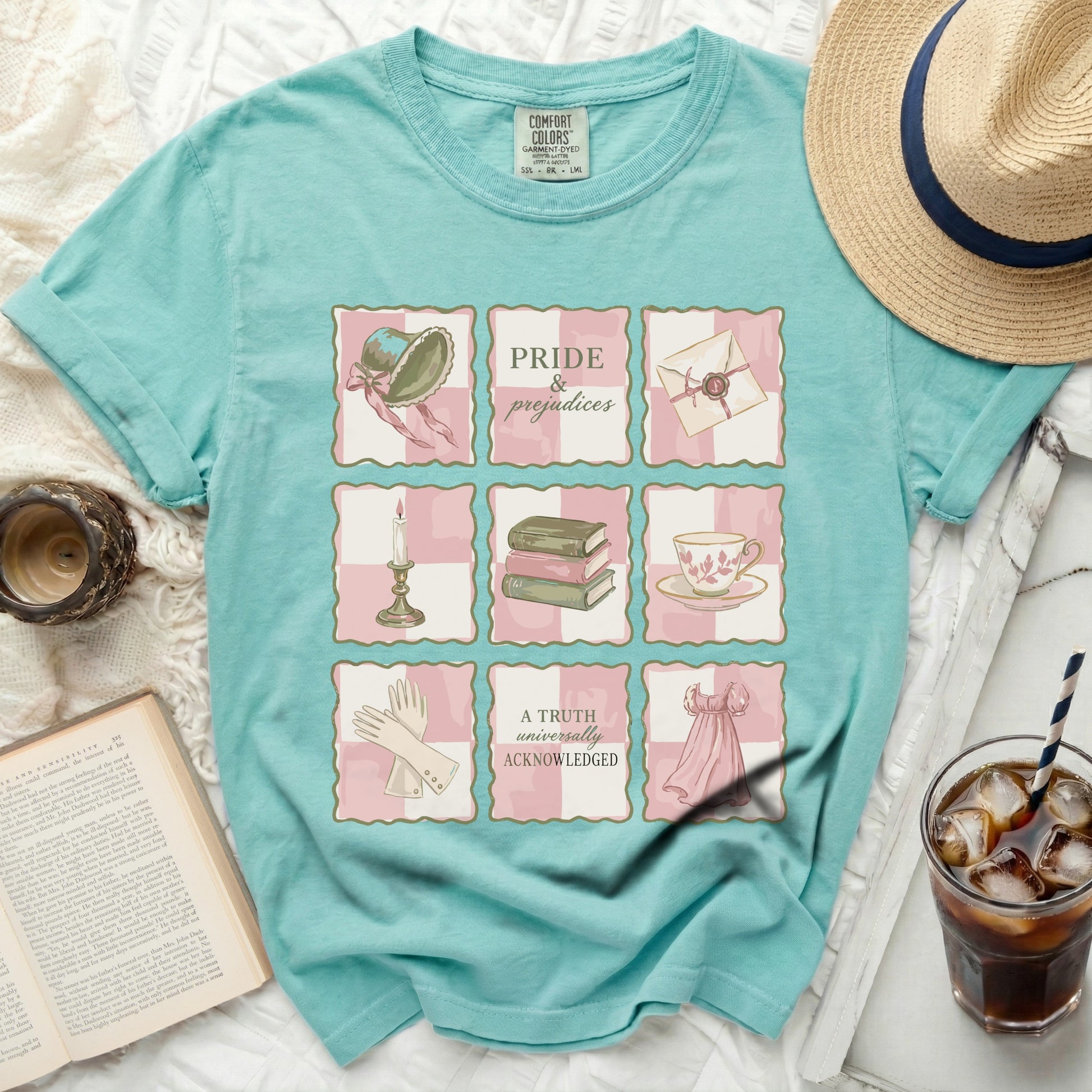 Aquatic blue t-shirt with "Pride & Prejudices" and nine iconic illustrations.