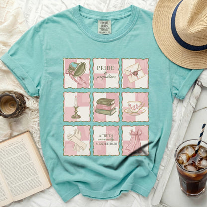 Aquatic blue t-shirt with "Pride & Prejudices" and nine iconic illustrations.