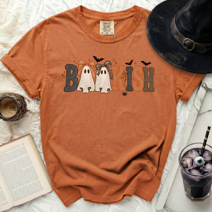 Orange t-shirt with "BAAAKISH" graphic featuring ghosts, bats, and a spider.