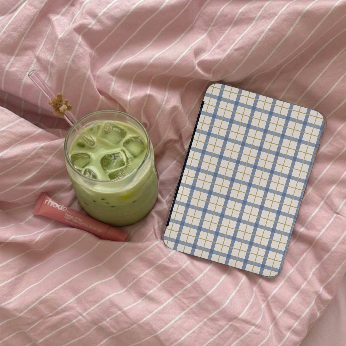 Stylish Blue and Beige Plaid Pattern Tablet Cover