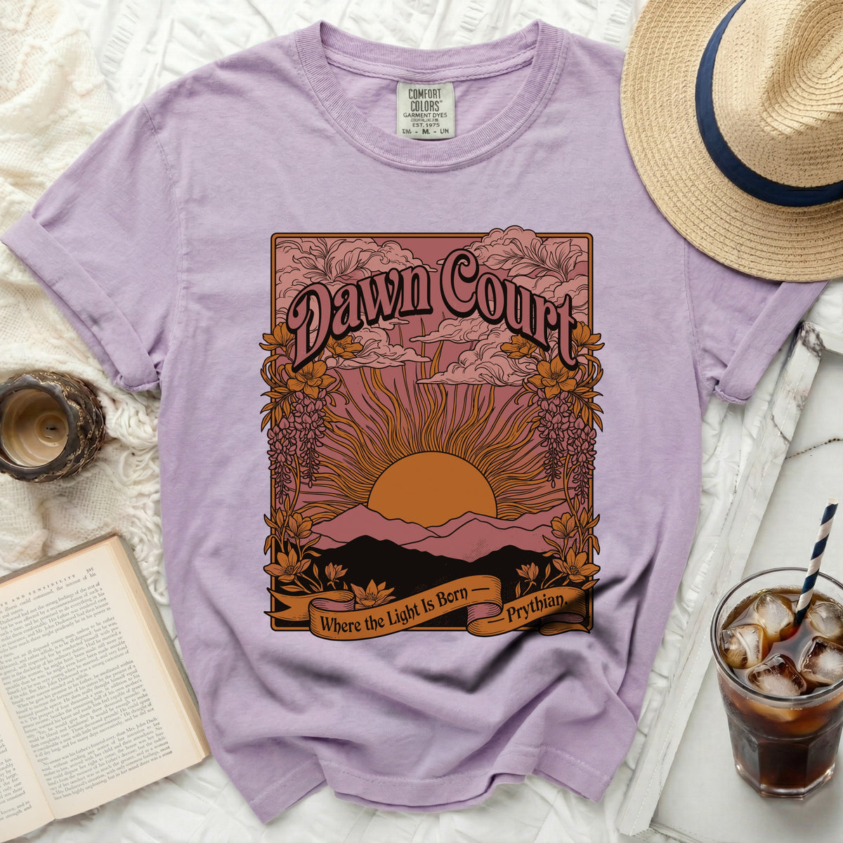 Lavender Comfort Colors t-shirt with "Dawn Court" and "Where The Light Is Born - Prythian" graphic.