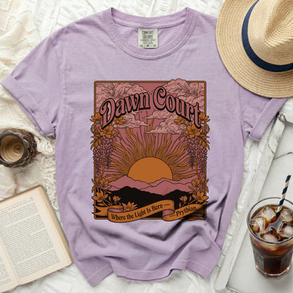 Lavender Comfort Colors t-shirt with "Dawn Court" and "Where The Light Is Born - Prythian" graphic.