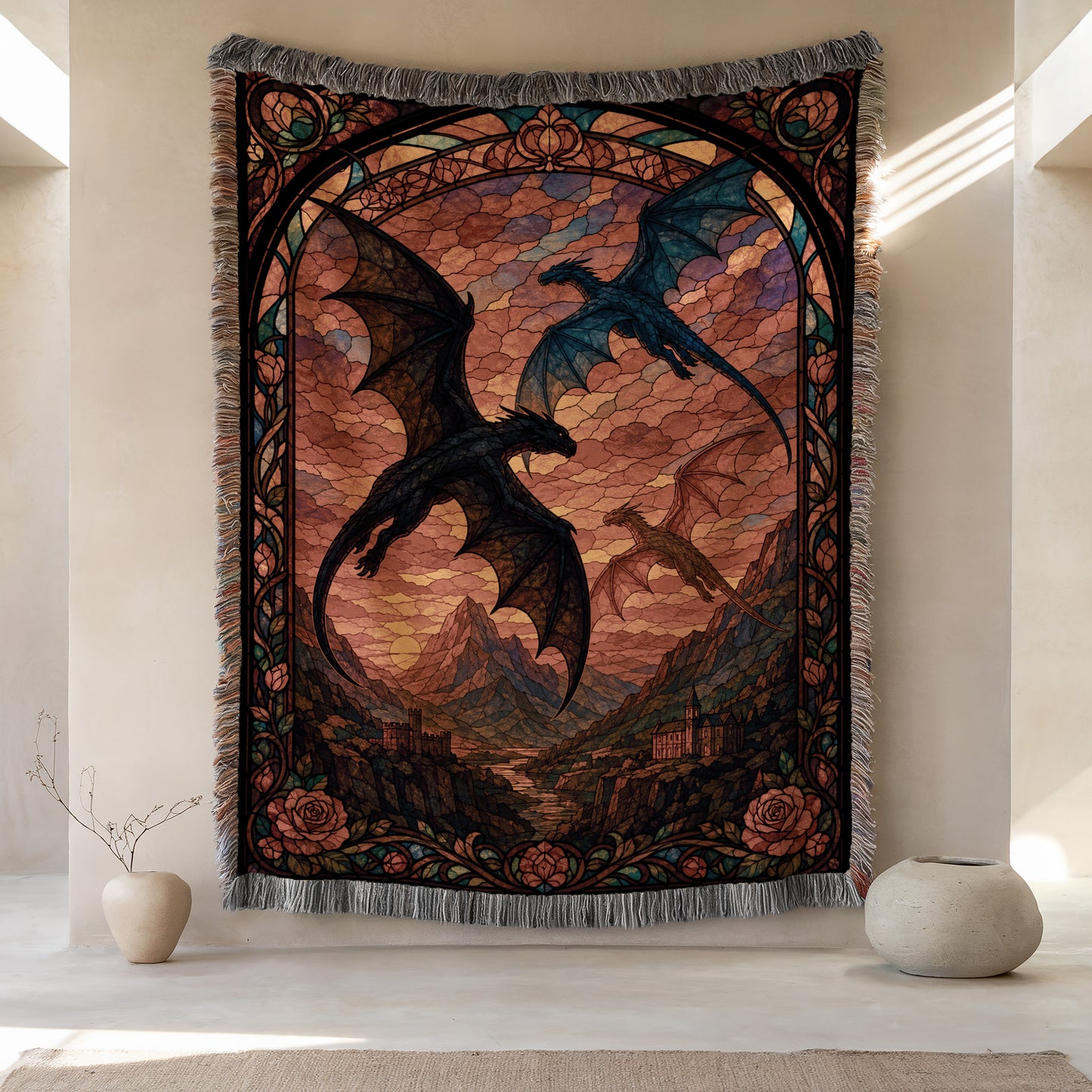 a large tapestry hanging on a wall, depicting a dragon and a castle in a mountainous landscape. The tapestry is framed with an ornate border and has a vibrant, colorful design. There are two small vases placed on either side of the tapestry, and the overall scene is set against a beige wall.
