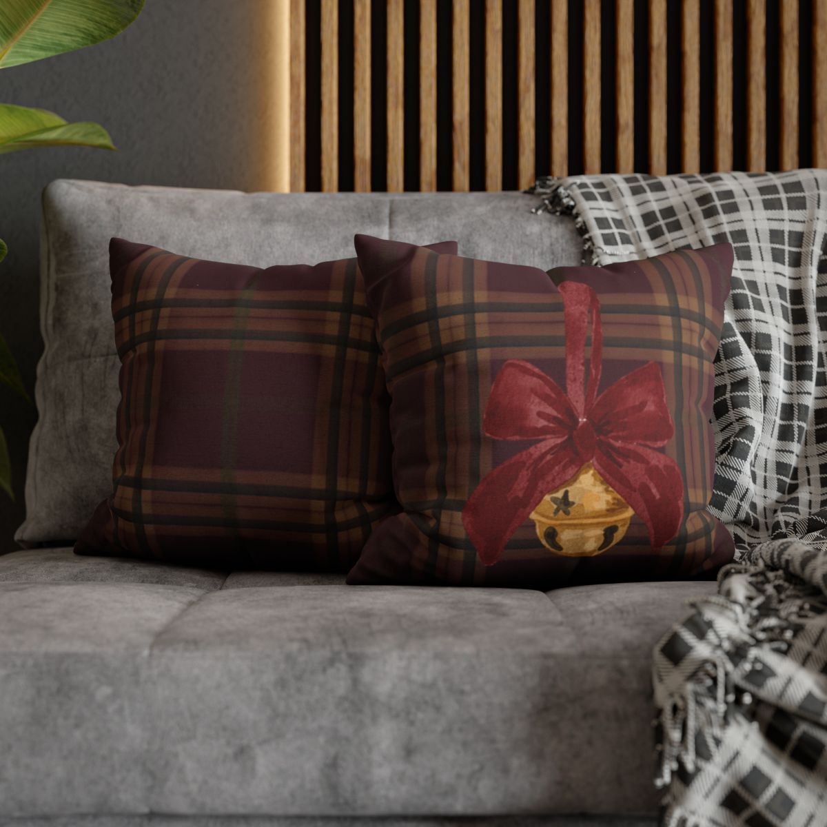 Festive Plaid Decorative Cushions with Bell Design