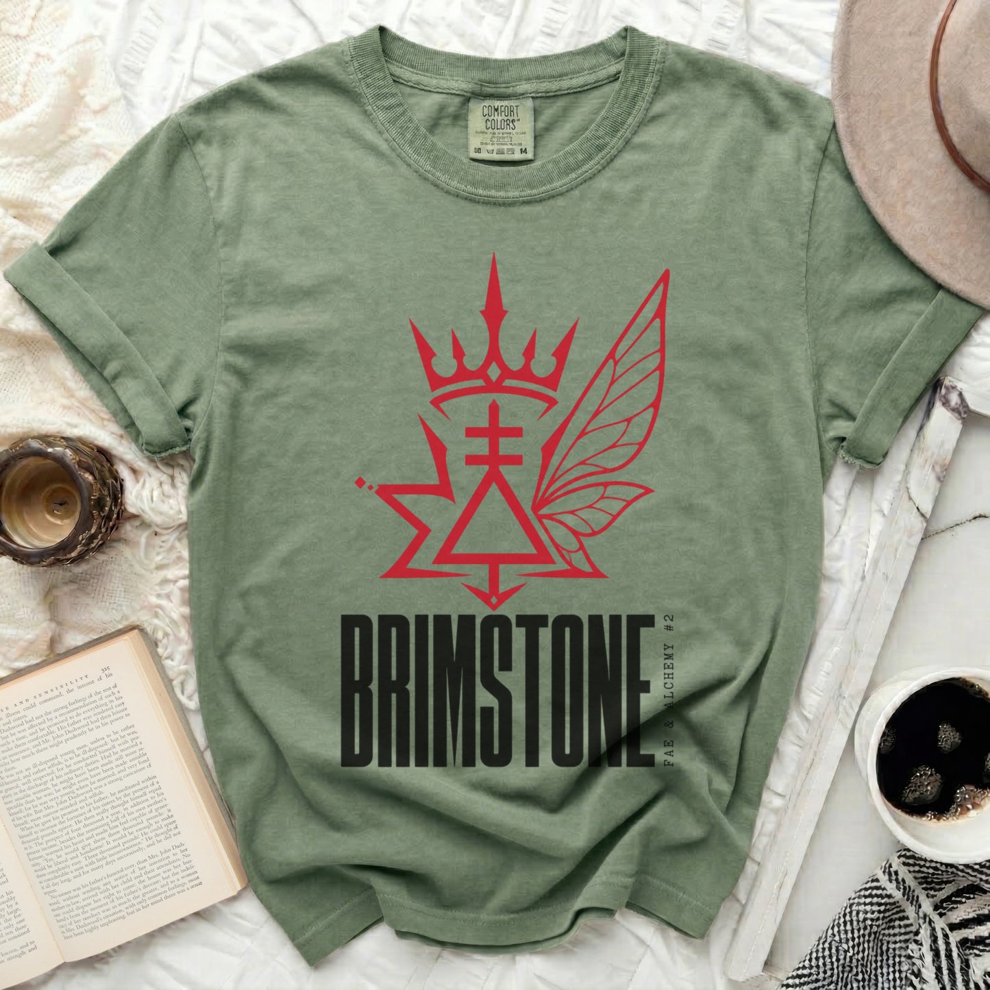 Green t-shirt with red "BRIMSTONE" text and abstract design.