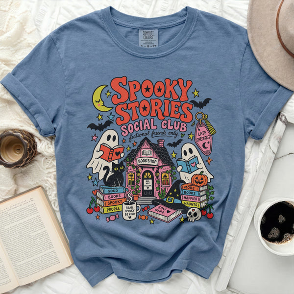 Spooky Stories Club Tee in Blue Jean