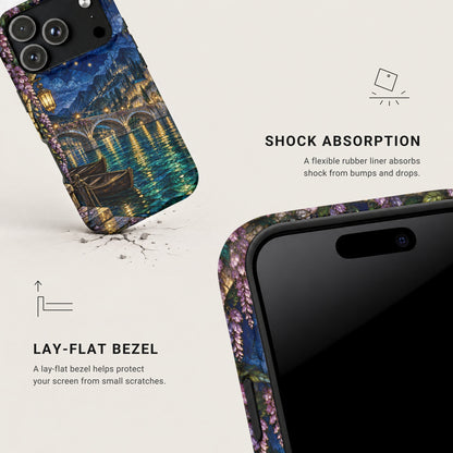 An iPhone case features a fantasy bridge scene with explanatory text about shock absorption and lay-flat bezel.