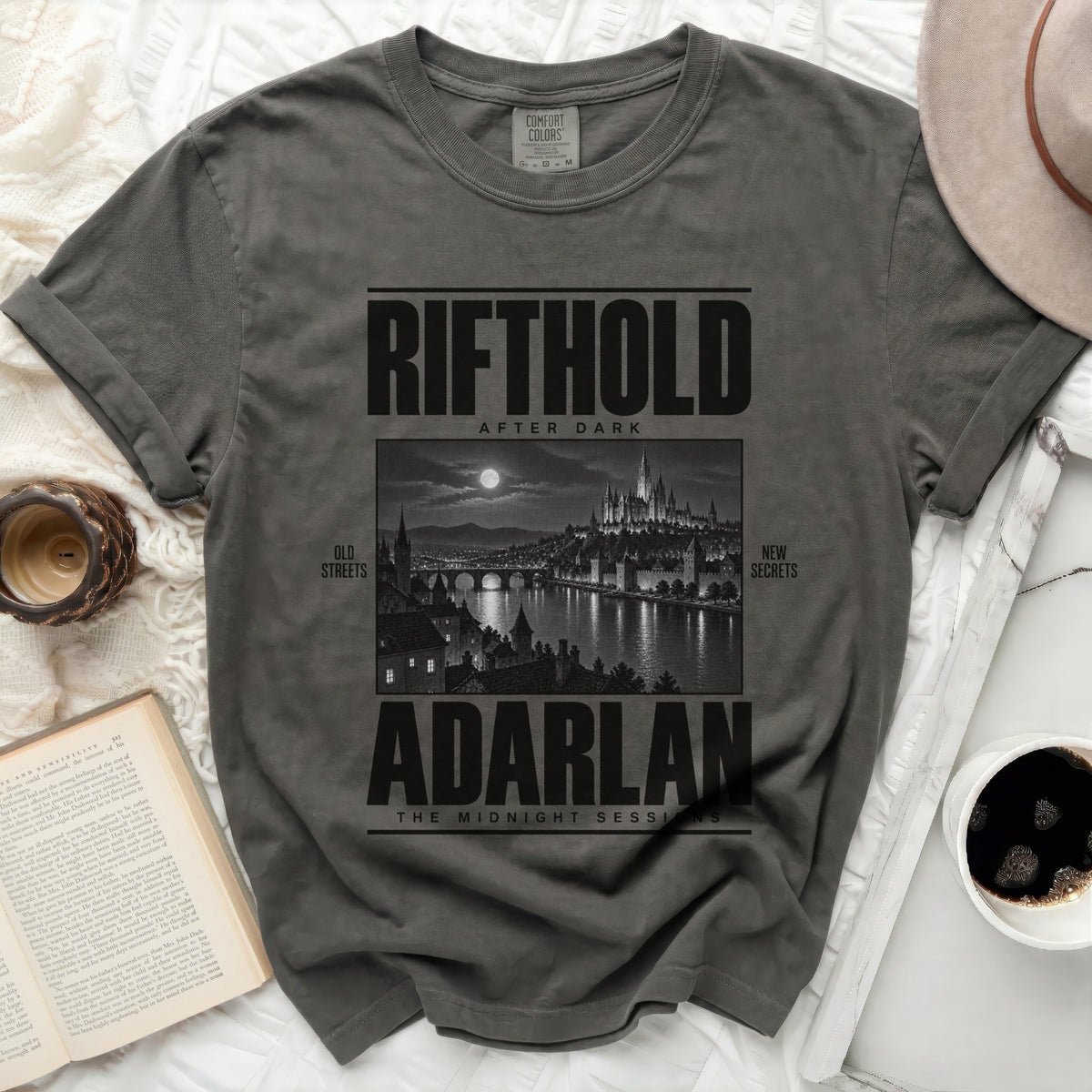 Dark grey t-shirt with "Rifthold After Dark" and "Adarlan The Midnight Sessions" text.