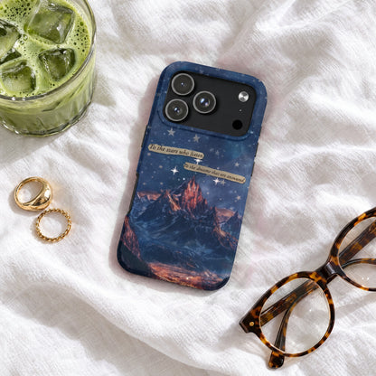 Blue mountain-themed phone case with starry night design and text accents on white linen fabric.