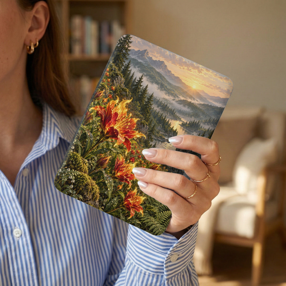 Case with vibrant lilies, misty mountains, and a sunrise landscape at sunset.