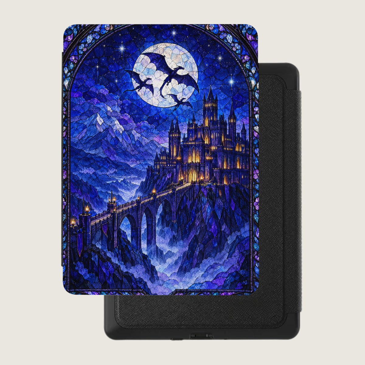 Kindle e-reader case featuring a blue stained glass design of a castle, bridge, and flying dragons.