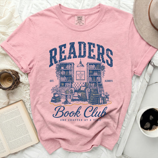 Pink t-shirt with "Readers Book Club" in distressed blue text.