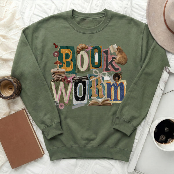 Book Worm Collage Sweatshirt in Military Green