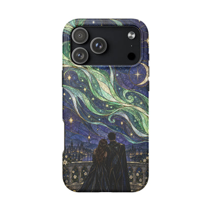 Phone case featuring a stained glass illustration of a couple gazing at a starry night sky.