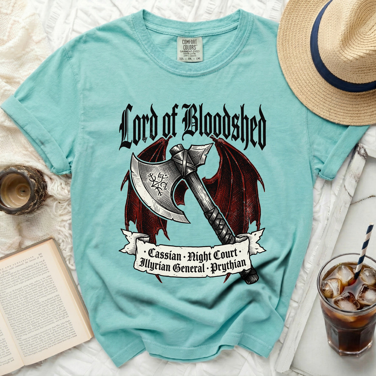Teal t-shirt with "Lord of Bloodshed" and axe graphic, Cassian Night Court.