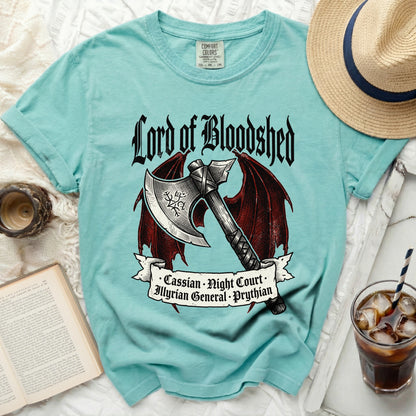 Teal t-shirt with "Lord of Bloodshed" and axe graphic, Cassian Night Court.