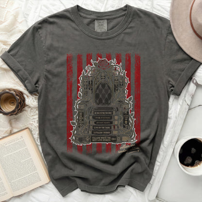 Dark gray t-shirt with "Villains Write The Best Love Stories" book quote design.