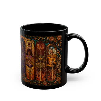 Black mug with intricate stained-glass style design featuring figures and swords.