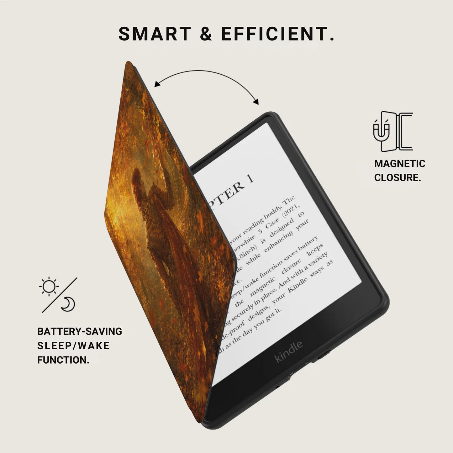 Kindle e-reader with artistic cover, magnetic closure and battery saving functions.